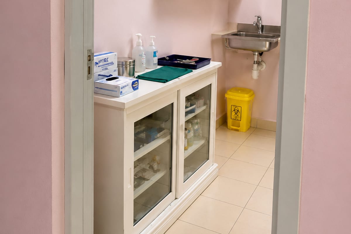Treatment room with medical supplies and hand-washing station at La-tullah Medical Centre