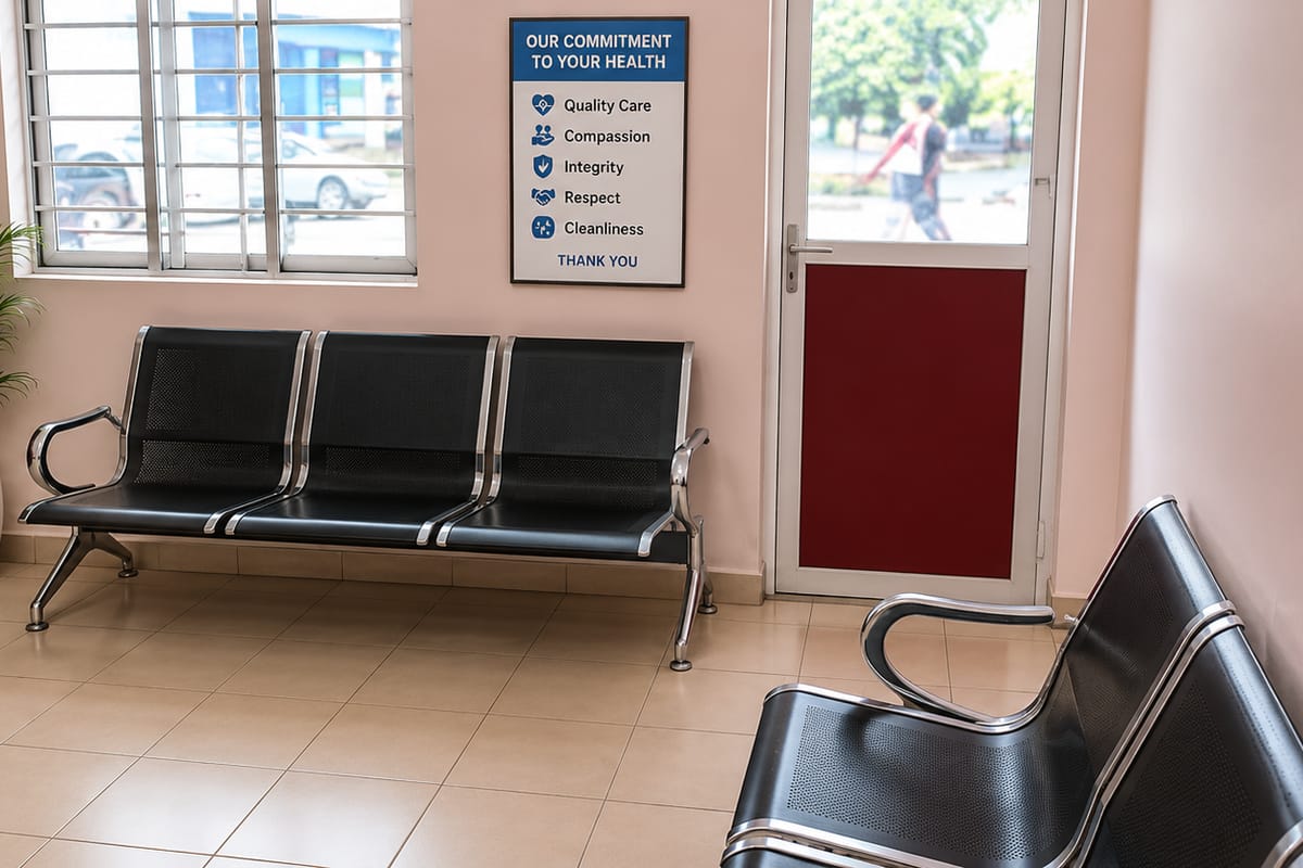 Waiting area with seating and the entrance at La-tullah Medical Centre, Mikindani, Mombasa